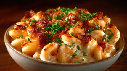 A close-up of a hearty bowl of macaroni and cheese topped with crispy bacon bits and fresh chives, symbolizing comfort and indulgence in food.