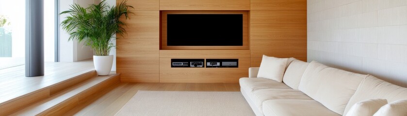 Fototapeta premium Modern Living Room Wood Paneled TV Wall, Beige Sofa and Potted Plant, Home decor, Interior design