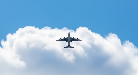 Naklejka premium Airplane soars gracefully above fluffy white clouds under bright sunlight. AI Generated