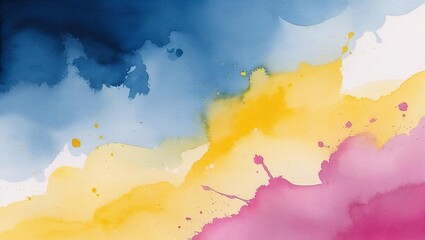 Obraz premium Watercolor wash gradient, ultramarine blue to lemon yellow with soft magenta splashes