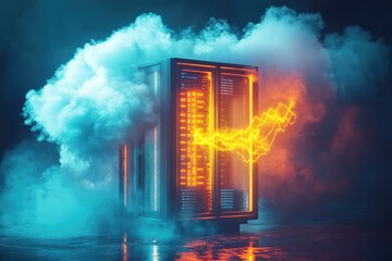 Futuristic server rack, engulfed in vibrant smoke