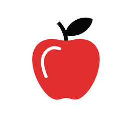Minimal red apple icon with black stem and leaf, featuring a white highlight to indicate shine, symbolizing health, fruit, and simplicity