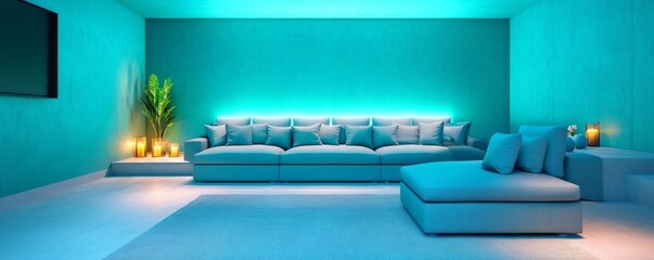 Modern Teal Living Room Sofa, Ambient Lighting and Plant Decor, Interior design, Home decor