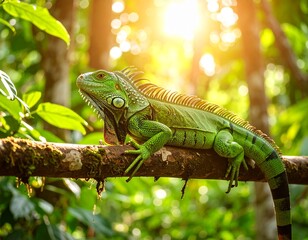 Fototapeta premium Green iguana resting on a tree branch in a tropical rainforest, captured in natural daylight with lush foliage background, wildlife photography