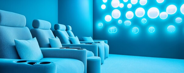 Fototapeta premium Monochromatic Blue Home Theater, Seats and Bubble Wall Art , home design