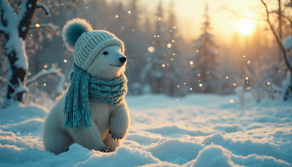 Polar Bear Cub Wearing Hat and Scarf in Snowy Forest