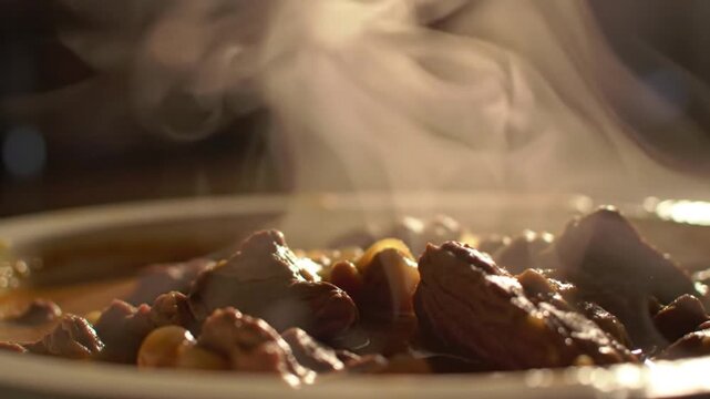 Close up of steaming hot meat stew in a bowl, a delicious and savory meal