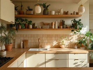 A sun-drenched kitchen with wooden shelving and plants.
