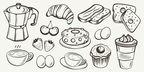 Hand drawn breakfast and coffee treats collection