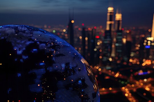 Digital globe atop city at twilight - Powered by Adobe