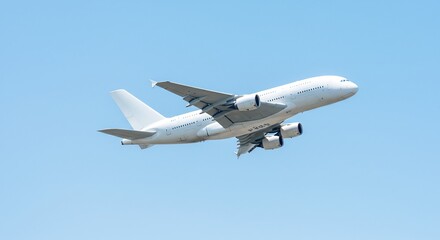 Fototapeta premium White airplane smoothly ascends against a clear bright blue sky. AI Generated