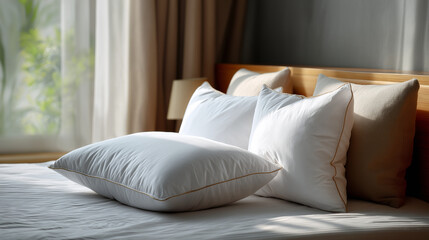 Cozy Bed with Plush Pillows Bathed in Gentle Sunlight