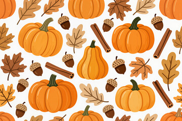 Seamless autumn-themed pattern with pumpkins, leaves, acorns, and cinnamon sticks. Warm color palette: orange, brown, beige. Cozy, hand-drawn flat style