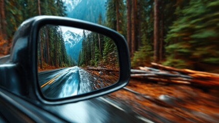 Obraz premium A captivating rearview mirror perspective captures a winding road surrounded by lush evergreen trees and distant snow-capped mountains, inviting adventure and exploration ahead.