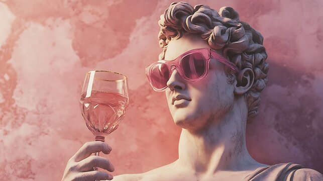 Artistic photo of the david sculpture with pink sunglasses and wine in a creative composition