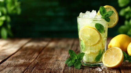 An enticing glass of lemonade cocktail showcasing fresh lemon slices and mint, placed on rustic wood, evoking a refreshing, summery vibe ideal for relaxation and enjoyment.