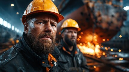 Two rugged industrial workers wear safety helmets, showcasing a powerful stance amidst sparks and machinery, representing hard work, strength, and determination in manufacturing.
