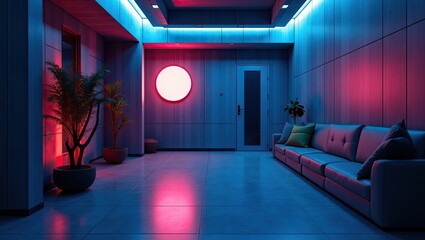 Neon-lit hallway with plants and seating area.
