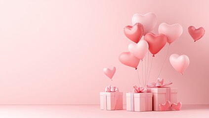 Pink heart-shaped balloons and gifts on a pastel pink background