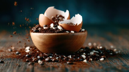 An artistic display of coffee grounds and cracked egg shells in a wooden bowl visually represents the process of cooking and the blend of flavors in culinary creations.