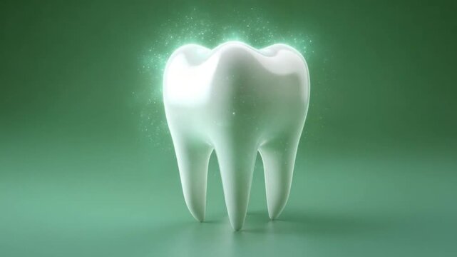 Sparkling tooth illustration: A close-up studio shot presents a pristine, sparkling tooth, highlighted by a gentle glow, set against a soft green backdrop, showcasing dental health and hygiene.