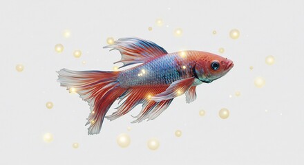 Fototapeta premium Vibrant betta fish swims gracefully in soft light surrounded by glowing orbs. AI Generated