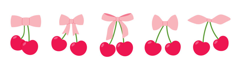 Cute cherries with pink bows in different styles, arranged in a row on a white background. Playful flat illustration for decoration, stickers, textile design, or greeting cards