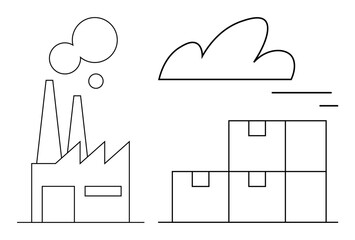 Factory with chimneys emitting smoke and organized stack of boxes, highlighted by minimal cloud detail. Ideal for industrial production, logistics, supply chain, manufacturing, delivery, storage