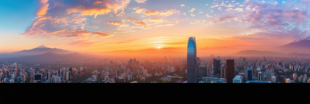 Breathtaking sunset over santiago chile skyline on independence day. Horizontal banner. Copy space. Chile National Day. Postcard from Chile