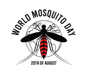 World Mosquito Day logo with mosquito over globe, red-black striped body, curved “WORLD MOSQUITO DAY” text and “20TH OF AUGUST” below