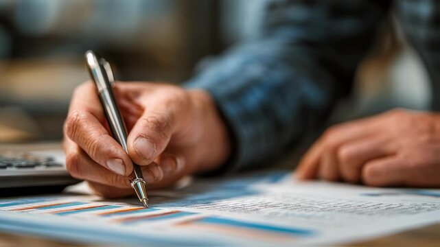 Closeup of a sports agents hands analyzing signed documents and financial spreadsheets emphasizing precision and detail in athlete endorsement negotiations.