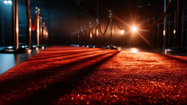 A dramatic view of an empty red carpet at a glamorous venue, with spotlight beams illuminating the space, capturing the essence of elegance and anticipation for an exciting event.