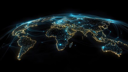 Global network map.  World map, glowing, network,  connections, digital,  abstract,  earth,  international,  lights,  lines,  dots,  technology,  connectivity