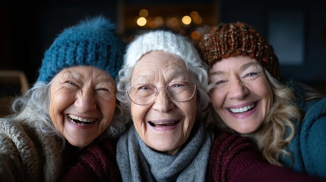 A heartwarming image of three smiling elderly women wearing cozy knit hats, radiating joy, friendship, and a sense of community among them. - Powered by Adobe