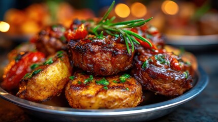 A scrumptious platter showcases grilled meat adorned with fresh herbs, inviting a sensory experience that highlights culinary artistry and the joy of sharing meals.