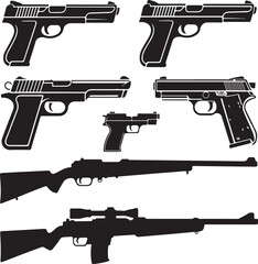 Close up silhouettes of various handguns and rifles with scopes Keywords: handgun, pistol, rifle