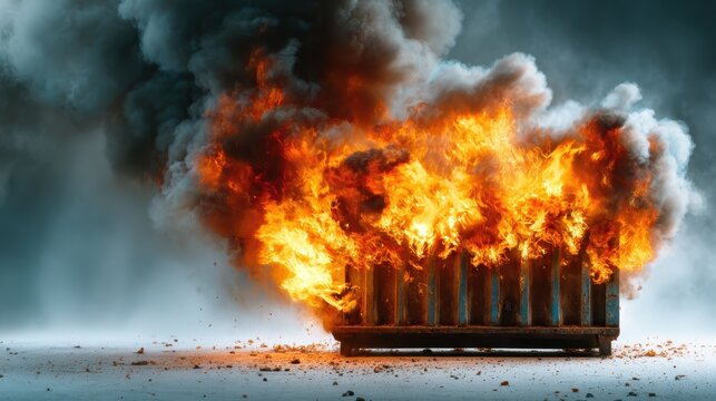 This intense image captures a dramatic dumpster fire with flames and thick smoke, representing chaos, destruction, and the raw power of fire in urban environments.