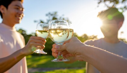 People clinking glasses with wine on the summer terrace of cafe or restaurant