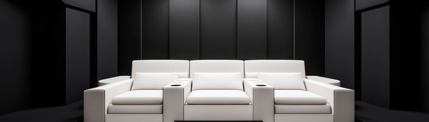 White Home Theater Seating with Black Walls, minimal , interior