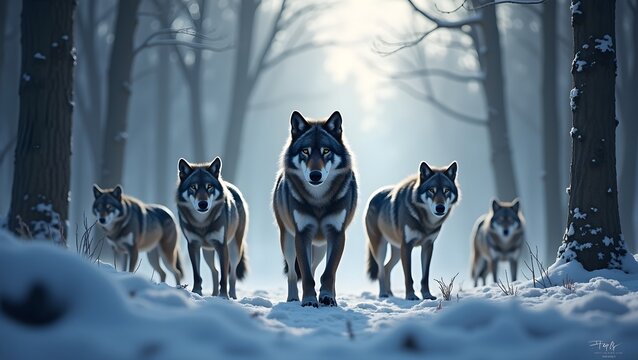 Wolf Pack Silhouette in Snowy Forest Background