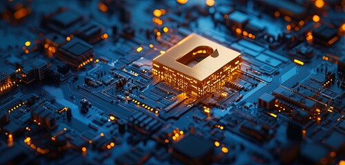 Golden digital lock on a complex circuit board