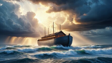 Dramatic depiction of Noah's Ark amidst a stormy sea under a ray of light.