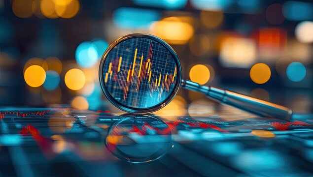 Magnifying glass focused on financial chart data on a touchscreen