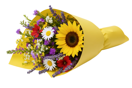 A cheerful bouquet of sunflowers, white daisies, and other wildflowers. This rustic and natural floral arrangement is wrapped in bright yellow paper.