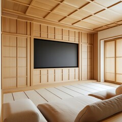 Zen Living Room with Wood Paneling and TV, minimalist ,interior design