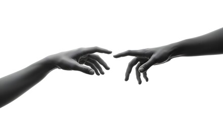 Two hands reaching out towards each other in a minimalist black and white composition on white background