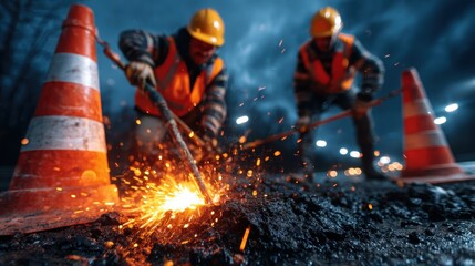 This dramatic image shows construction workers laboring at night, with vibrant sparks flying as they work, embodying the industrious spirit and dedication of hard work in urban environments.