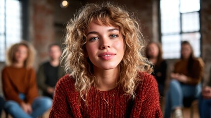 A young woman with curly hair smiles warmly at the camera, with a blurred background of people, embodying confidence and connection in an inviting, artistic ambiance.