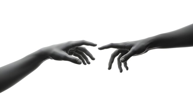 Two hands reaching out towards each other in a minimalist black and white composition on white background
