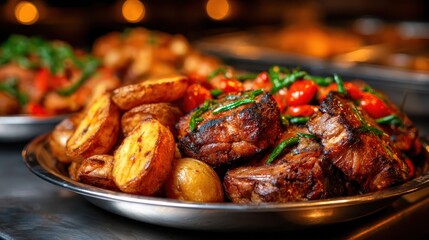 An enticing presentation of succulent roast meat accompanied by golden potatoes and colorful vegetables on an elegant plate, ideal for festive gatherings and celebrations.